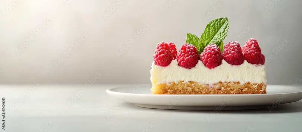 Poster sponge cake with raspberry berries and mint leaves on a plate against a light background showcasing 