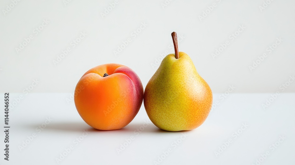 Poster fresh apricot and ripe pear arranged together on a bright white background showcasing their vibrant 