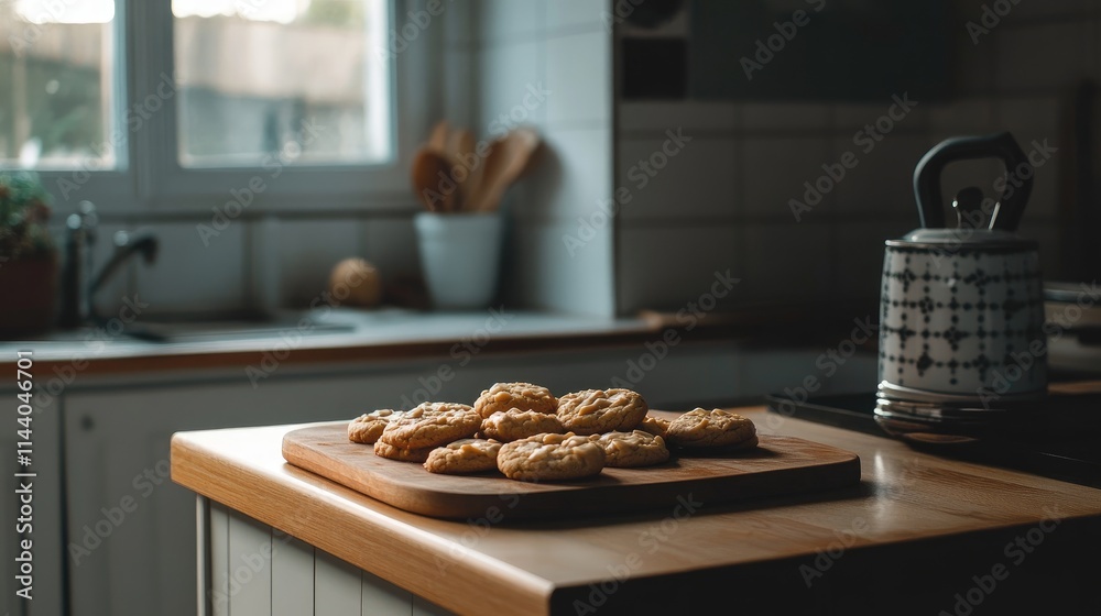 Poster homemade peanut butter cookies cooling on a stylish kitchen counter with a cozy atmosphere and natur