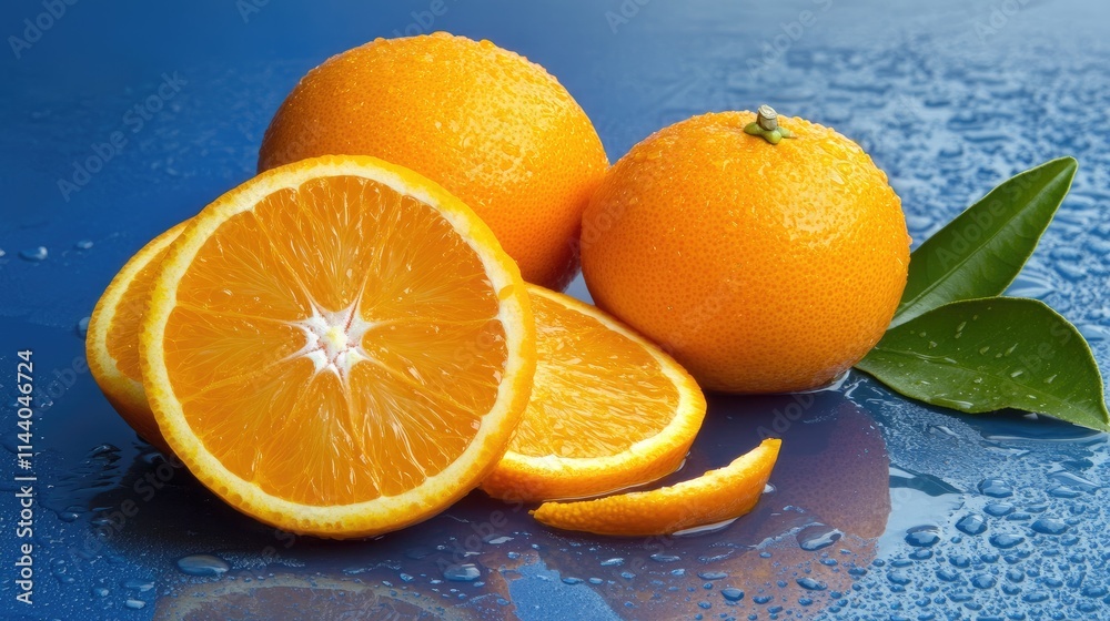 Poster fresh and vibrant oranges with slices arranged on a blue background showcasing water droplets and gr
