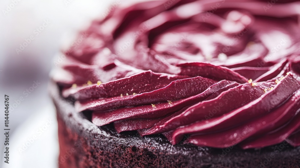 Poster decadent chocolate cake topped with rich beetroot frosting on a textured surface