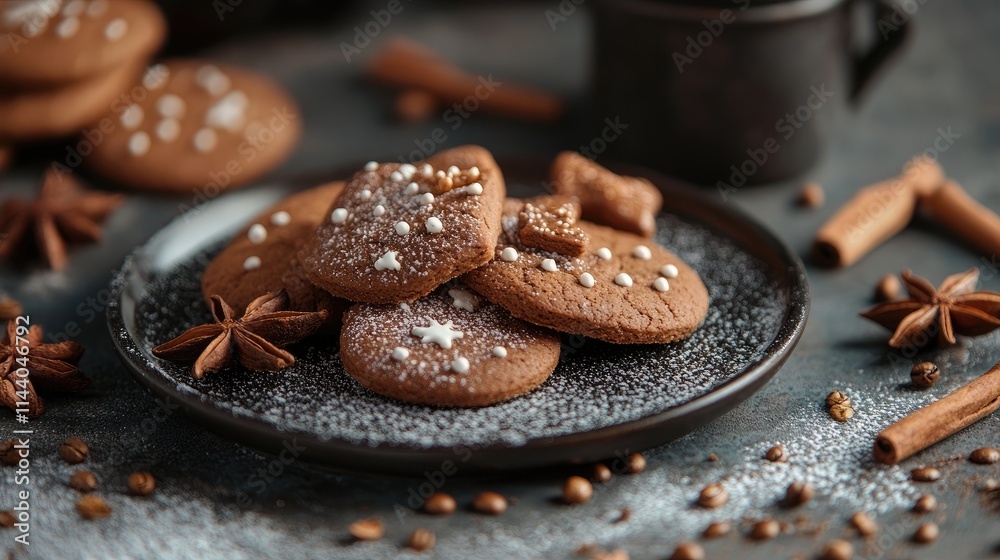 Poster gingerbread cookies on a dark plate surrounded by coffee beans and spices creating a cozy festive at