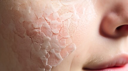 Fototapeta premium Macro closeup shot of a skin patch affected by eczema condition on a person s cheek showing the detailed texture redness and inflammation of the irritated dry and itchy skin area