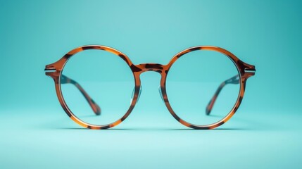 Fototapeta premium Stylish round glasses with a tortoiseshell frame on blue background