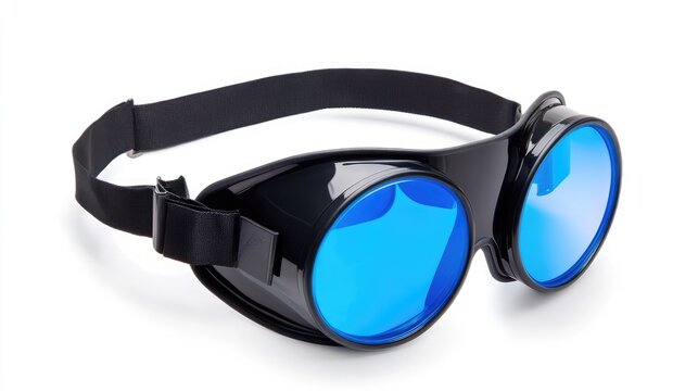 Welding goggles with blue lenses and adjustable strap isolated on white background for safety equipment display