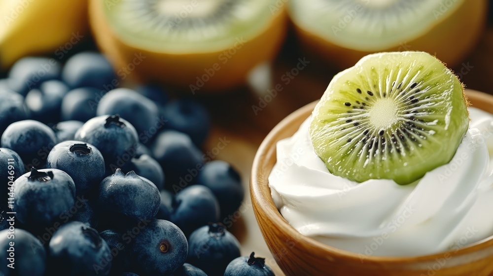 Aufkleber Fresh blueberries and kiwi with fruit salad and whipped cream elegantly arranged on a rustic table for a delicious dessert presentation