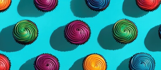 Colorful frosted chocolate cupcakes arranged on a teal background creating a vibrant and festive dessert display