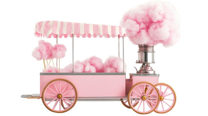 A whimsical pink cotton candy cart with fluffy clouds of cotton candy is set to delight at a fair or carnival during a sunny afternoon.