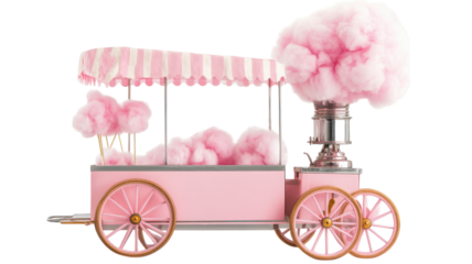 A whimsical pink cotton candy cart with fluffy clouds of cotton candy is set to delight at a fair or carnival during a sunny afternoon.