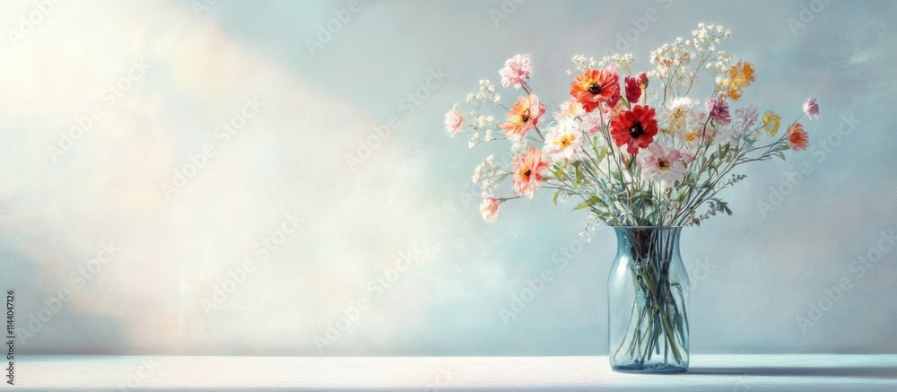 Poster colorful bouquet of fresh flowers in a clear vase with soft light background creating an elegant and