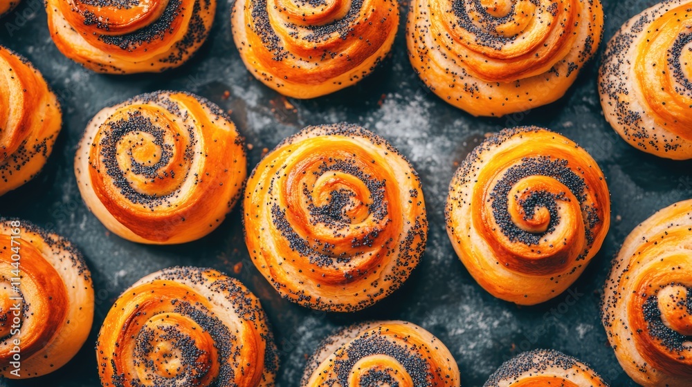 Poster freshly baked sweet buns with poppy seeds arranged in a spiral pattern on a dark baking tray invitin