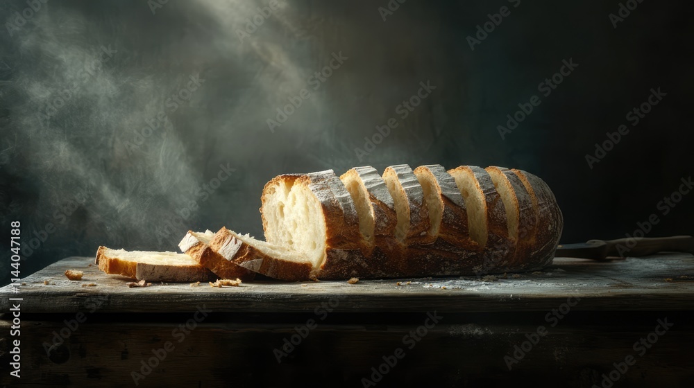 Poster artisan bread loaf sliced on rustic wooden table with soft lighting and subtle smoke for an inviting