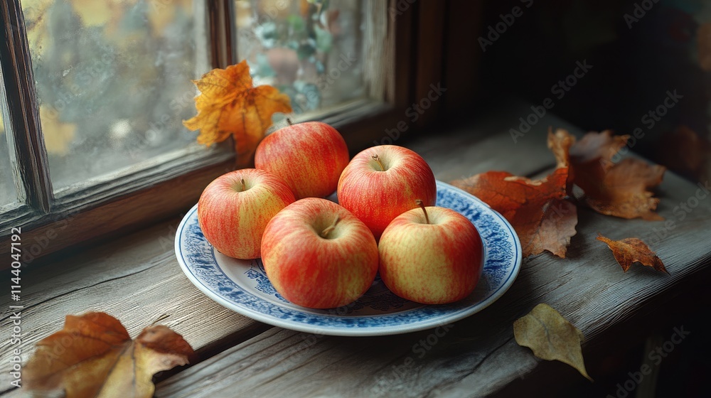 Poster vibrant autumn apples on decorative plate resting on rustic wooden windowsill surrounded by fall lea