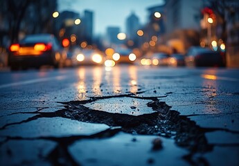 A cracked asphalt street with the focus on its cracks, surrounded by blurred city buildings and cars in motion. 
