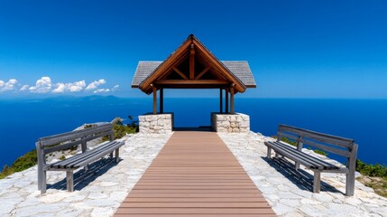 Serene Seascape Gazebo: A wooden gazebo perched on a clifftop offers breathtaking panoramic views of the sparkling azure sea, inviting tranquility and contemplation.  