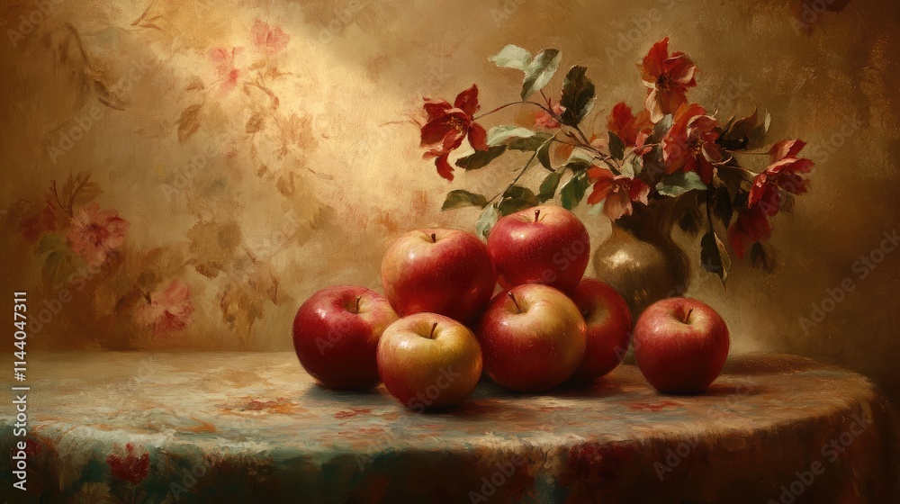 Poster classic still life of vibrant red and golden apples arranged on a colorful table with a floral backg