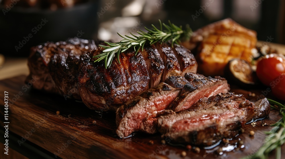 Poster assorted butcher cuts of meat displayed on a wooden board garnished with fresh rosemary and grilled 