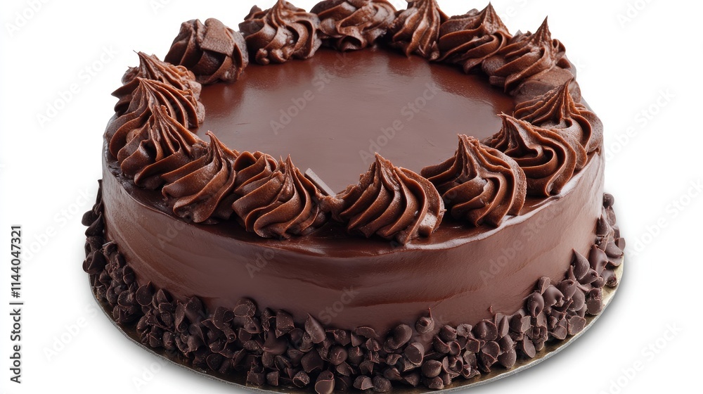 Poster decadent chocolate cake with rich ganache and artistic swirls topped with chocolate chips and truffl