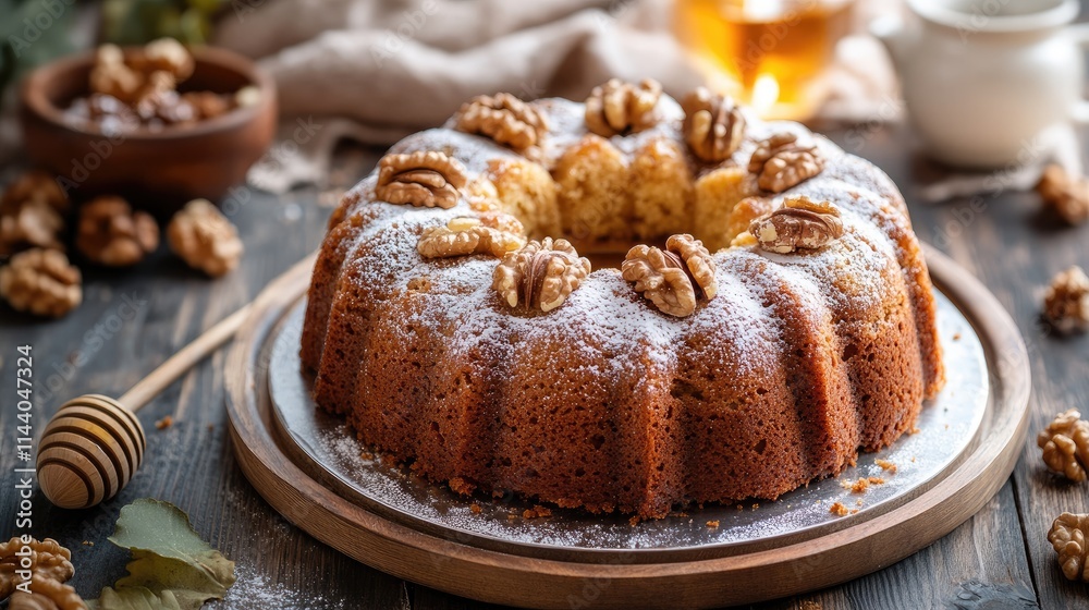 Poster delicious autumn walnut cake adorned with honey and nuts on wooden table with rustic decor and warm 