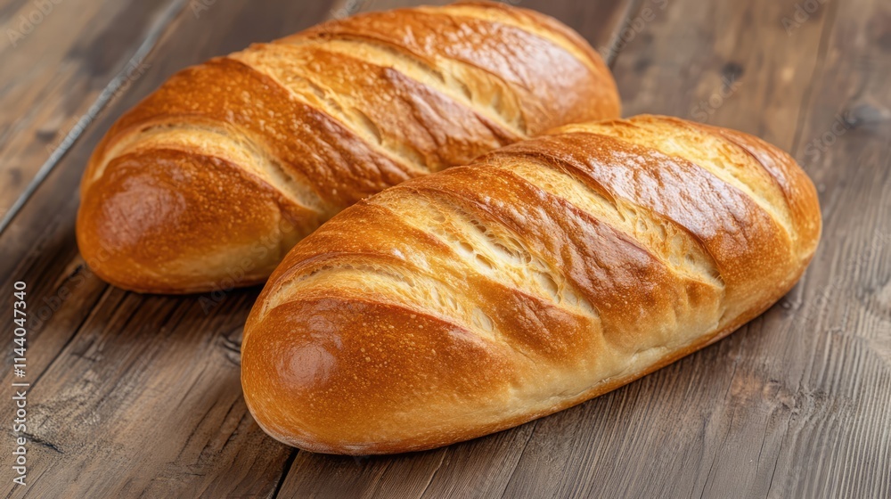 Poster artisan baked bread loaves resting on a rustic wooden surface showcasing golden crust and fresh text