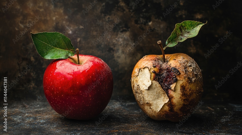 Poster fresh and decaying apples side by side showcasing contrast of vibrant color and texture against a da