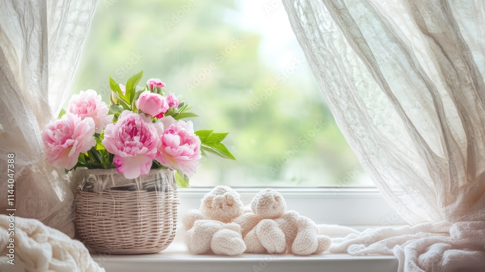 Aufkleber Bunch of pink peonies in a woven vase on a window sill with soft toys creating a serene rustic home decor atmosphere.