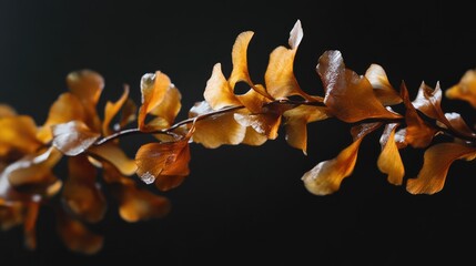Dried brown seaweed with intricate details on dark backdrop showcasing natural textures and organic forms for culinary or decorative use