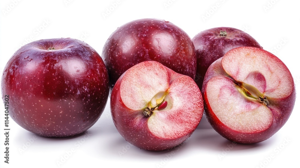 Poster juicy red apples with cut half displaying vibrant flesh and appealing texture on white background fo