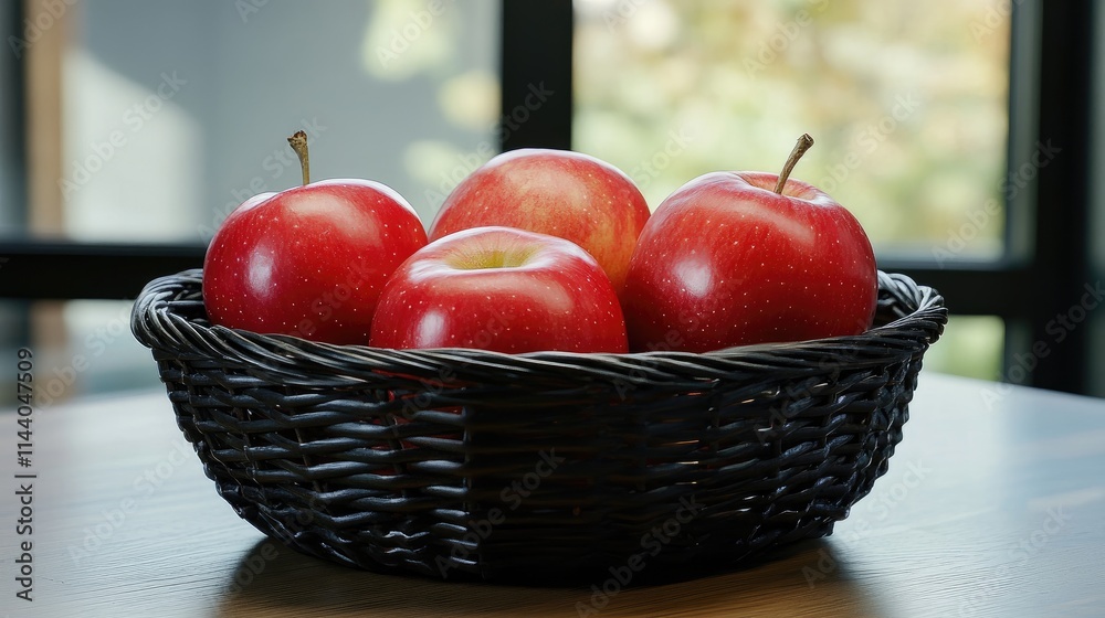 Aufkleber fresh red apples in a black wicker basket against a soft-focus background capturing the essence of h