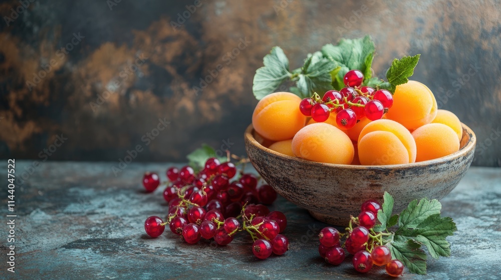 Aufkleber fresh apricots and red currants arranged in a rustic bowl with mint leaves on a textured surface sho