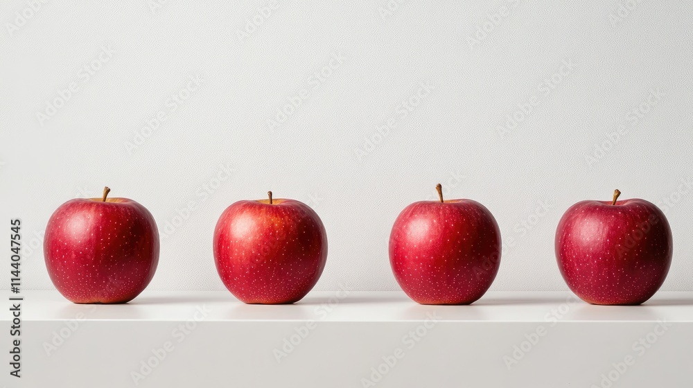 Poster Red apples neatly arranged on a white shelf against a minimalistic background showcasing their vibrant color and fresh appearance.