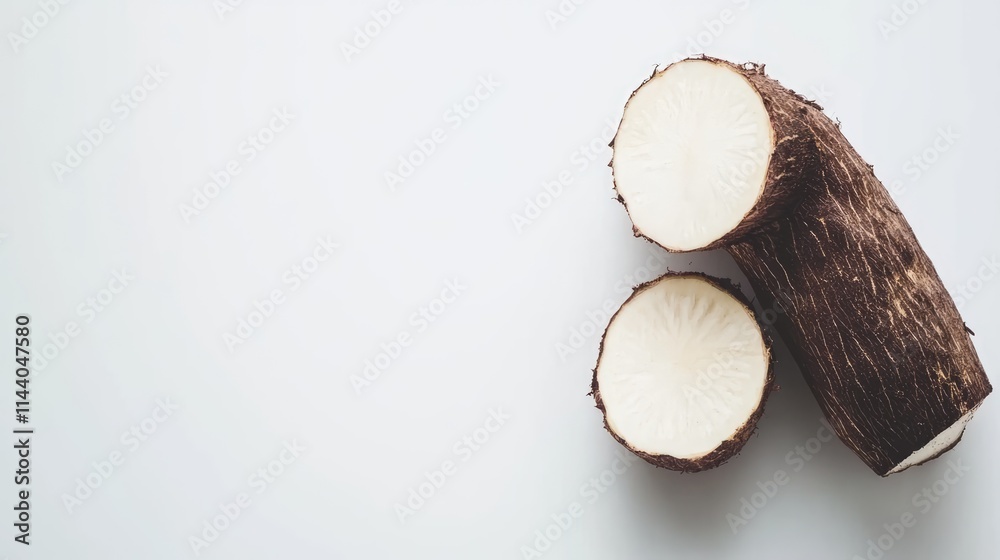 Poster freshly cut cassava root with half exposed showcasing its texture on a clean white background for cu