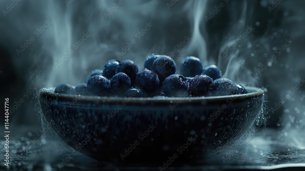 Poster steaming bowl of fresh blueberries against a dark backdrop highlighting moisture and freshness in a 