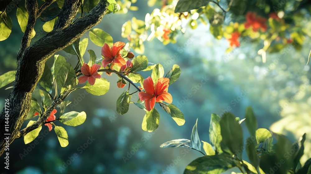 Aufkleber vibrant tree branch with blooming flowers and lush leaves in a serene garden setting illuminated by 