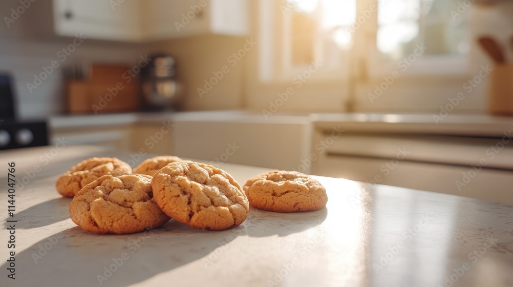 Poster freshly baked peanut butter cookies on a sunny kitchen counter with a warm atmosphere and soft light