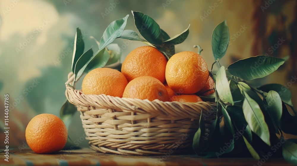 Poster close up of fresh oranges in a basket with green leaves on a soft blurred background for natural pro
