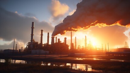 Impressive industrial landscape of a large scale thermal desalination plant with towering chimneys emitting steam against a dramatic sunset sky