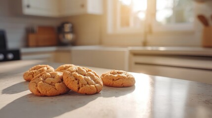 Freshly baked peanut butter cookies on a sunny kitchen counter with a warm atmosphere and soft lighting showcasing homemade goodness.