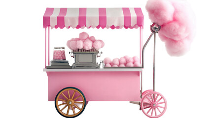 A charming pink cotton candy cart with fluffy treats ready for a festive fair or carnival setting.