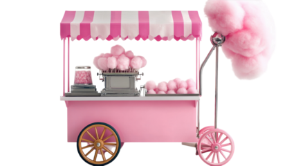 A charming pink cotton candy cart with fluffy treats ready for a festive fair or carnival setting.