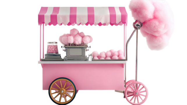 A charming pink cotton candy cart with fluffy treats ready for a festive fair or carnival setting.