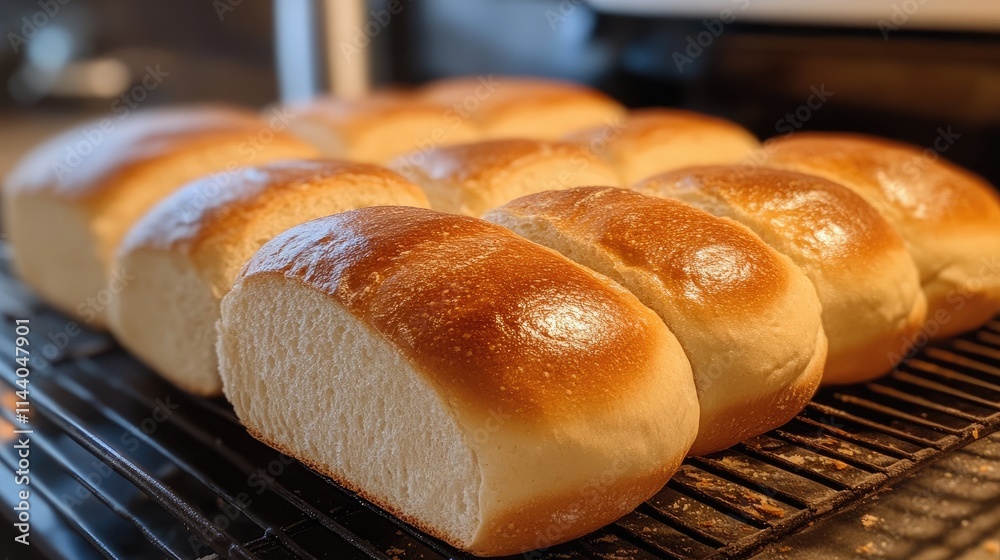 Poster freshly baked sliced loaves of bread cooling on a rack uniquely soft and golden brown crusty exterio