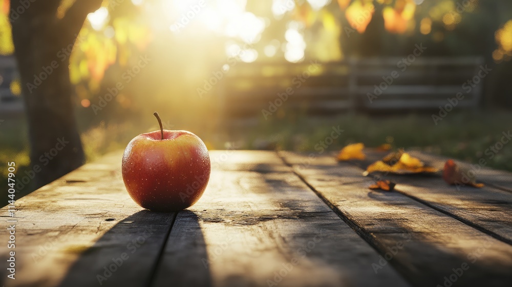 Poster ripe red apple resting on a rustic wooden table illuminated by warm sunlight in an autumn setting