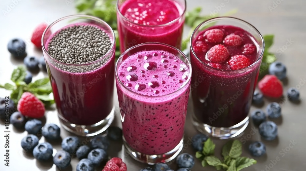 Poster Colorful berry smoothies in glasses garnished with fresh fruits and seeds on a rustic table with greenery for a refreshing healthy drink.