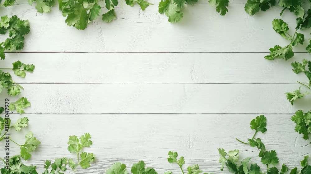 Aufkleber aromatic fresh cilantro leaves arranged on a white wooden table creating a vibrant and natural backg