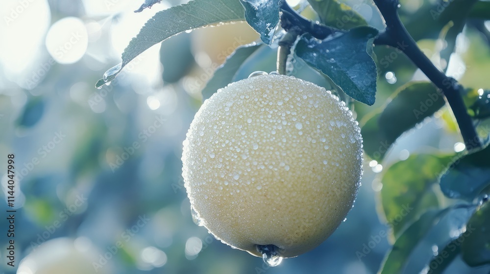 Poster asian pear fruit hanging on tree branch glistening with dew in a tranquil orchard setting showcasing