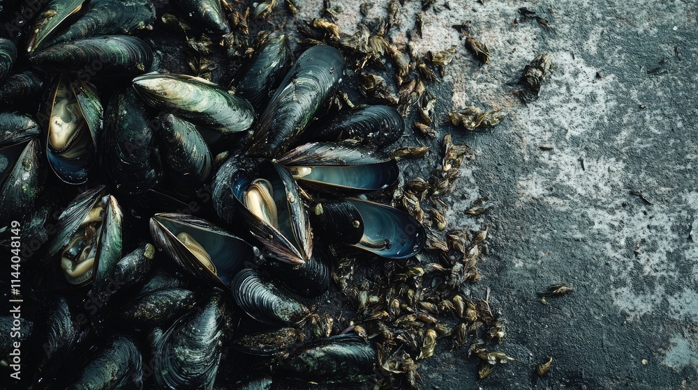 Poster raw green mussels arranged on a textured surface with scattered shells and sea debris showcasing sea