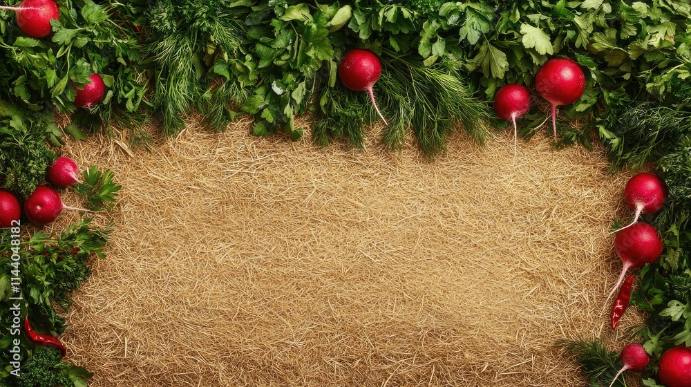 Poster colorful fresh vegetables arranged on straw background highlighting healthy eating and vegetarian li