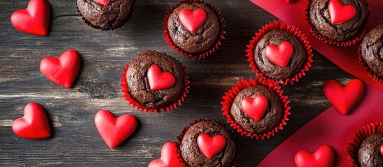 Chocolate muffins decorated with heart-shaped toppings on a rustic wooden surface perfect for romantic occasions and sweet celebrations