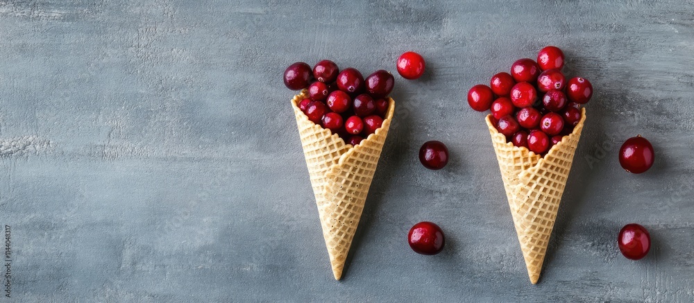 Poster Cranberries arranged in waffle cones on a textured grey background with ample copy space for creative marketing or festive themes.